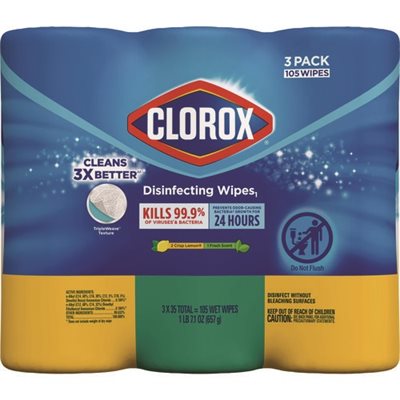 WIPES, DISINFECTING, CLOROX, Fresh Scent / Citrus Blend, 7" X 8", 35 / Canister, 3 / Pack