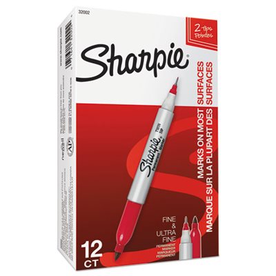 Twin-Tip Permanent Marker, Fine / Ultra Fine Point, Red, Dozen