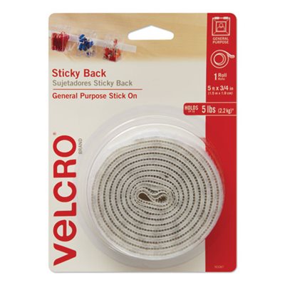 Sticky-Back Hook and Loop Fastener Tape with Dispenser, 3 / 4 x 5 ft. Roll, White