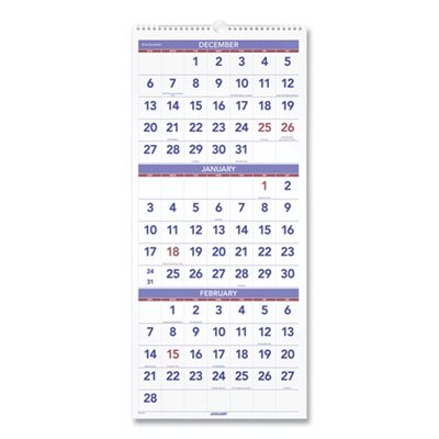 Vertical-Format Three-Month Reference Wall Calendar, 12 x 27, 2025