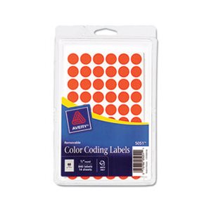 LABELS, COLOR-CODING, ROUND, HANDWRITE ONLY, REMOVABLE, .5" dia, NEON RED, 840 / Pack