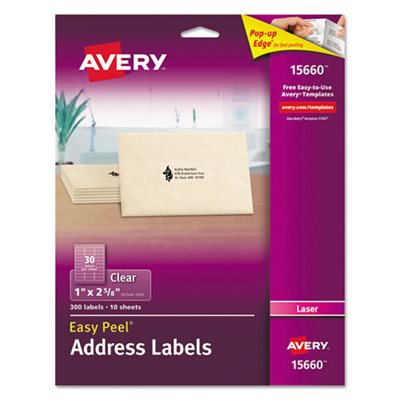 LABELS, Clear, Easy Peel, Address, Laser, 1" x 2.625, 300 / PK