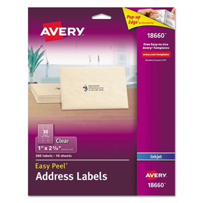 Clear Easy Peel Address Labels, Inkjet, 1 x 2 5 / 8, 300 / Pack