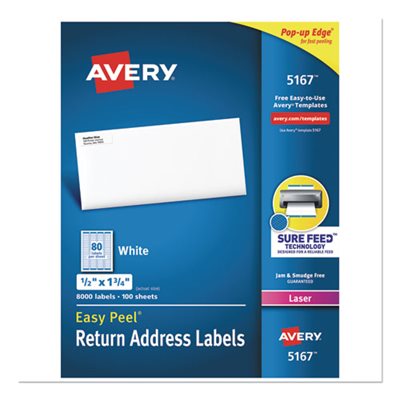 LABELS, Easy Peel, Return Address, Laser, .5" x 1.75", White, 8000 / Box