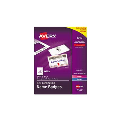 NAME BADGES, Self-Laminating, Laser / Inkjet, Printer, 2.25" x 3.5", White, 30 / Box