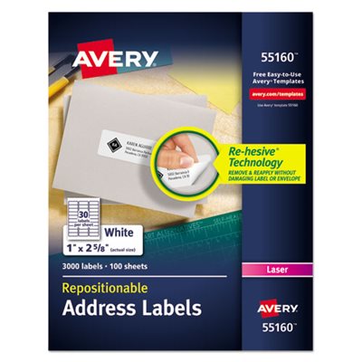 LABELS, Repositionable, Address, Inkjet / Laser, 1" x 2..625", White, 3000 / Box