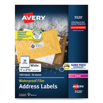 LABELS, WeatherProof, Addess, w / TrueBlock, Laser, White, 1" x 2.625", 1500 / Pk