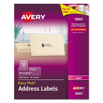 LABELS, Clear, Easy Peel, Address, Laser, 1" x 2.625", 1500 / Box