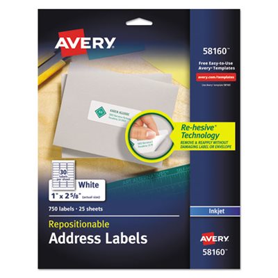 LABELS, Repositionable, Address, Inkjet / Laser, 1" x 2.625", White, 750 / Box