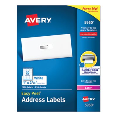 LABELS, Easy Peel, Mailing, Address, Laser, 1" x 2.625", White, 7500 / Box