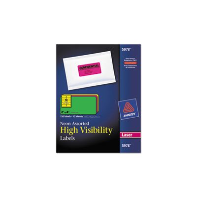 LABELS, High-Visibility, Permanent, ID, Laser, 2" x 4", Assorted Neon, 150 / Pk