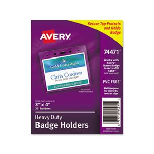 BADGE HOLDERS, Secure Top, Heavy-Duty, Horizontal, 4" x 3", Clear, 25 / Pk