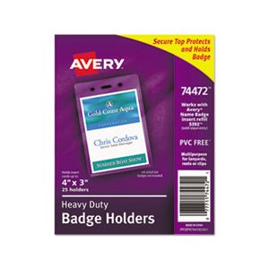 BADGE HOLDERS, Secure Top, Heavy-Duty, Vertical, 3" x 4", Clear, 25 / Pk