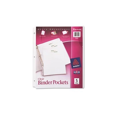 Binder Pockets, 3-Hole Punched, 9.25" x 11", Clear, 5 / Pk