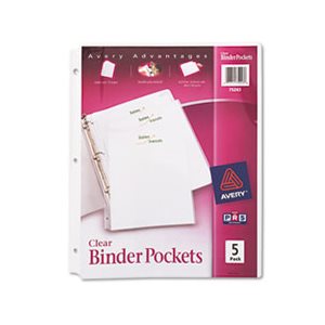 Binder Pockets, 3-Hole Punched, 9.25" x 11", Clear, 5 / Pk