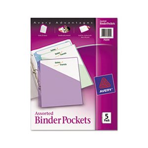 Binder Pockets, 3-Hole Punched, 9.25" x 11", Assorted Colors, 5 / Pk