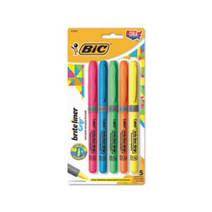 HIGHLIGHTER, Brite Liner, Grip, Pocket-Style, Chisel Tip, Assorted Colors, 5 / Set