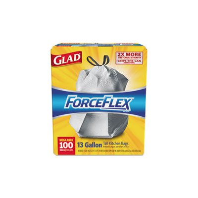 TRASH BAGS, GLAD, ForceFlex, Tall, Kitchen, Drawstring, 13 gal, .90mil, 24" x 25.125", White, 100 / BOx