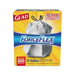 TRASH BAGS, GLAD, ForceFlex, Tall, Kitchen, Drawstring, 13 gal, .90mil, 24" x 25.125", White, 100 / BOx