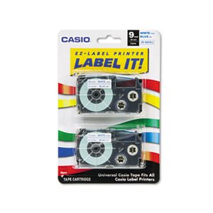 Tape Cassettes, CASIO, for KL Label Makers, 9mm x 26', Blue on White, 2 / Pack