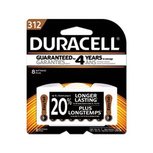 BATTERY, HEARING AID, DURACELL, Button Cell, Zinc Air, #312, 8 / PACK