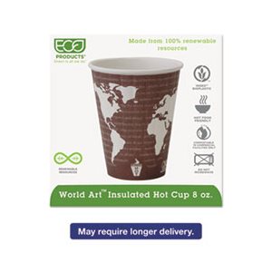 CUPS, HOT, World Art, Renewable, Compostable, Insulated, 8 oz., 40 / PACK, 20 PACK / CARTON