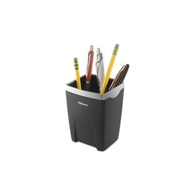 ORGANIZER, FELLOWES, PENCIL CUP, Office Suites, Divided, Plastic, 3.0625" x 3.0625" x 4.25", Black / Silver