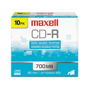 CD-R Discs, MAXELL, 700MB / 80min, 48x, w /  Slim Jewel Cases, Silver, 10 / Pack