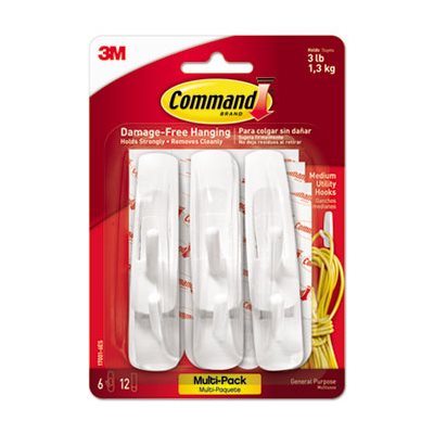 HOOKS, COMMAND, General Purpose, 3lb Capacity, Medium, White, 6 Hooks & 12 Strips / Pack