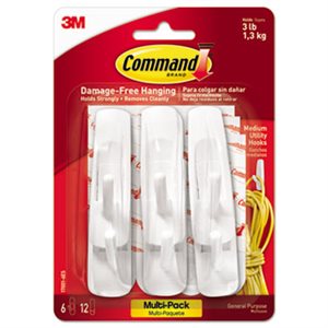 HOOKS, COMMAND, General Purpose, 3lb Capacity, Medium, White, 6 Hooks & 12 Strips / Pack