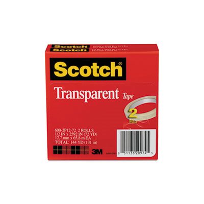 TAPE, TRANSPARENT, SCOTCH, .5" x 2592", 3" Core, 2 / Pack