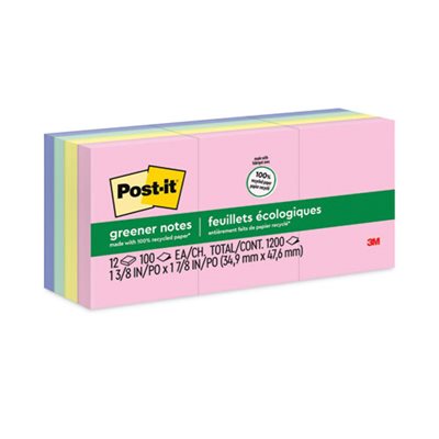 POST-IT NOTES, PADS, Recycled, 1.5" x 2", Assorted Helsinki Colors, 100-Sheet, 12 / Pack