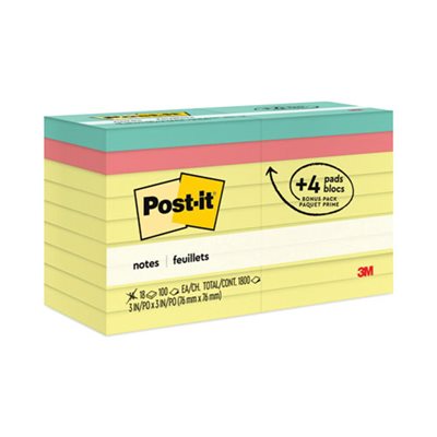 POST-IT NOTES, Pads, Value Pack, 3" x 3", Canary Yellow / Cape Town, 100-Sheet, 18 Pads