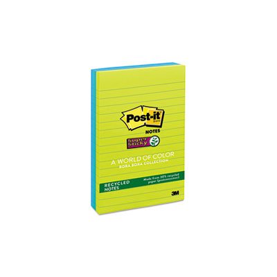 POST-IT NOTES, PADS, Recycled, Bora Bora Colors, Lined, 4" x 6", 90-Sheet, 3 / Pack