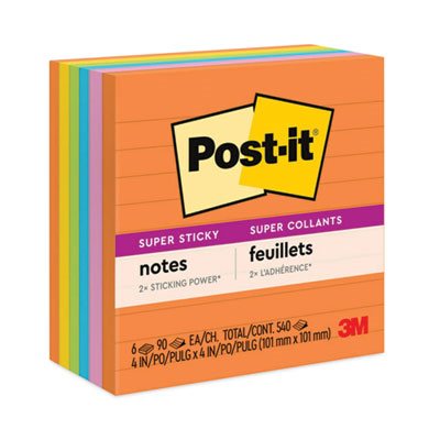 POST-IT NOTES, Pads, Rio de Janeiro Colors, Lined, 4" x 4", 90-Sheet, 6 / Pack