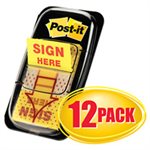 POST-IT NOTES, PAGE FLAG MARKERS, Arrow Message, 1", "Sign Here", Yellow, 50-Flag Dispensers, 12 / Pack