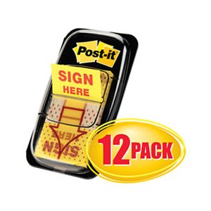 POST-IT NOTES, PAGE FLAG MARKERS, Arrow Message, 1", "Sign Here", Yellow, 50-Flag Dispensers, 12 / Pack