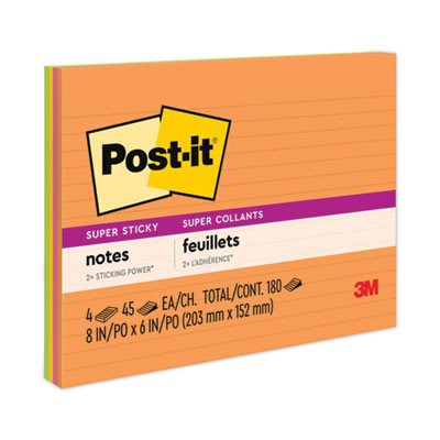 POST-IT NOTES, PADS, Meeting Notes, Rio de Janeiro Colors, Lined, 8" x 6", 45-Sheet, 4 / Pack