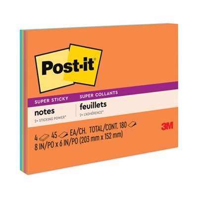 POST-IT NOTES, PADS, Super Sticky, Meeting Notes, Rio de Janeiro Colors, 8" x 6", 45-Sheet, 4 / Pack