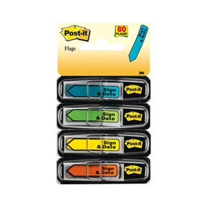 POST-IT NOTES, PAGE FLAG MARKERS, Arrow Message, .5", "Sign & Date", 4 Bright Colors, 80 / Pack