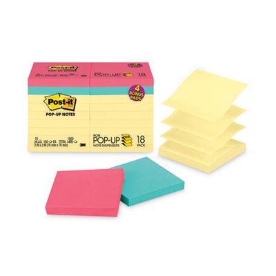 POST-IT NOTES, Pop-up Notes, Value Pack, 3" x 3", Canary / Cape Town, 100-Sheet, 18 / Pack