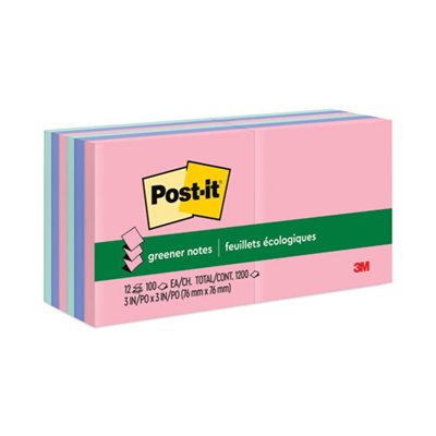 POST-IT NOTES, POP-UP, Recycled, 3" x 3", Assorted Helsinki Colors, 100-Sheet, 12 / Pack