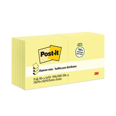 POST-IT NOTES, POP-UP, Recycled, 3" x 3", Canary Yellow, 100-Sheet, 12 / Pack