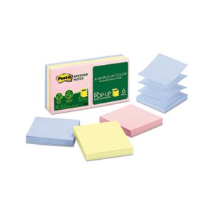 POST-IT NOTES, POP-UP, RECYCLED, 3" x 3", Assorted Helsinki Colors, 100-Sheet, 6 / Pack