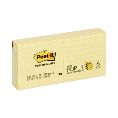 POST-IT NOTES, POP-UP REFILL, Lined, 3" x 3", CANARY YELLOW, 100-Sheet, 6 / Pack