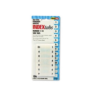 Side-Mount Self-Stick Plastic Index Tabs Nos 1-10, 1 inch, White, 104 / Pack