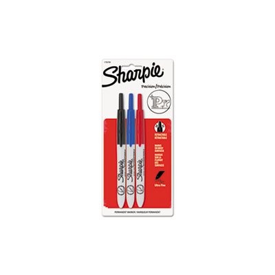 Retractable Permanent Marker, Ultra Fine Tip, Black, Blue, Red, 3 / Set