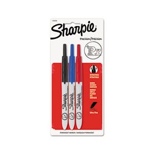 Retractable Permanent Marker, Ultra Fine Tip, Black, Blue, Red, 3 / Set