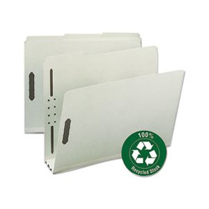 FASTENER FOLDERS, Recycled, Pressboard, Letter, 3" Expansion, Gray / Green, 25 / Box