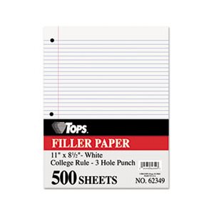 Filler Paper, 3H, 16 lb, 8 1 / 2 x 11, College Rule, White, 500 Sheets / Pack